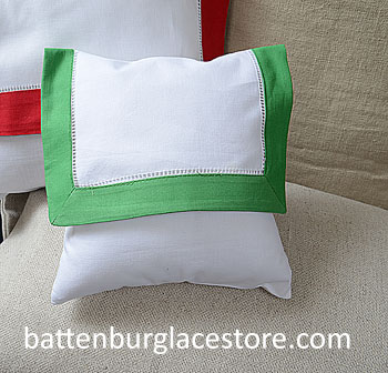 Envelope Pillow.Baby size 8 in. White with MINT GREEN Trim.